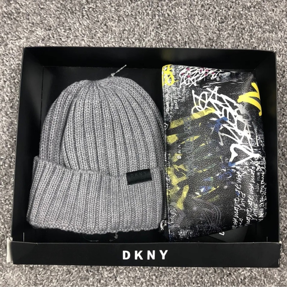 DKNY Beanie Hat & Logo Cosmetic Pouch Combo